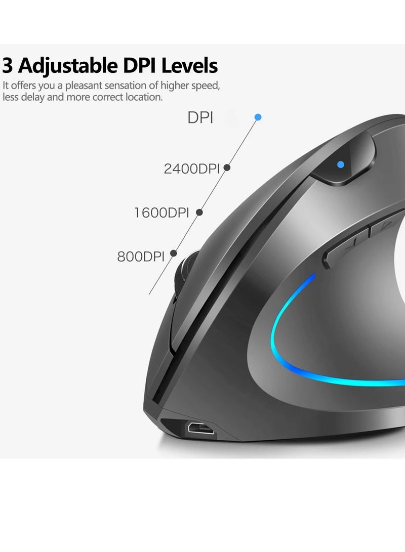 AROAQ Wireless Vertical Mouse, Rechargeable Upright Ergonomic Mouse, Dual Mode Vertical Mouse With 3 Adjustable Dpi Levels, RGB Flowing Light Plug N Play Mouse For Laptop, Desktop, Pc, (Grey) - Image 4