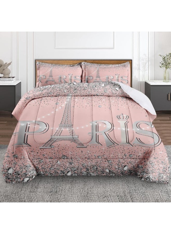 Generic Culudea Paris Vintage France Comforter Set Full Size, Pink Diamond Eiffel Tower Soft Bedding Set with 2 Pillowcases for Girls Teens Kids Boys Adults Bedroom Bed Decor,1 Quilt 2 Pillow Cases  - Image 1