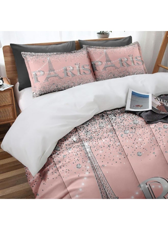 Generic Culudea Paris Vintage France Comforter Set Full Size, Pink Diamond Eiffel Tower Soft Bedding Set with 2 Pillowcases for Girls Teens Kids Boys Adults Bedroom Bed Decor,1 Quilt 2 Pillow Cases  - Image 2