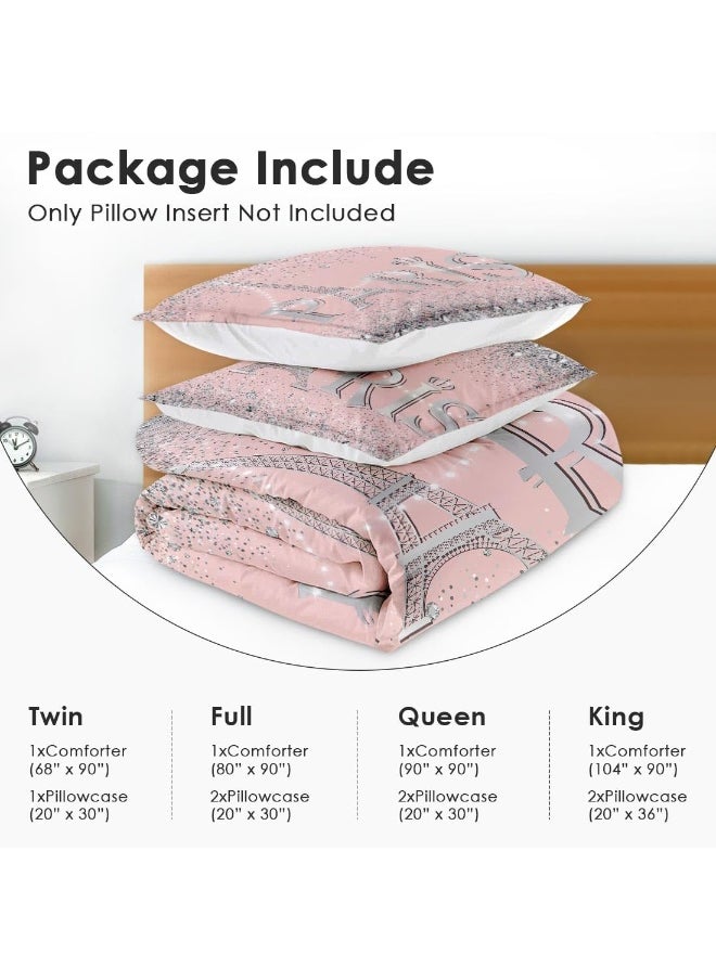 Generic Culudea Paris Vintage France Comforter Set Full Size, Pink Diamond Eiffel Tower Soft Bedding Set with 2 Pillowcases for Girls Teens Kids Boys Adults Bedroom Bed Decor,1 Quilt 2 Pillow Cases  - Image 4