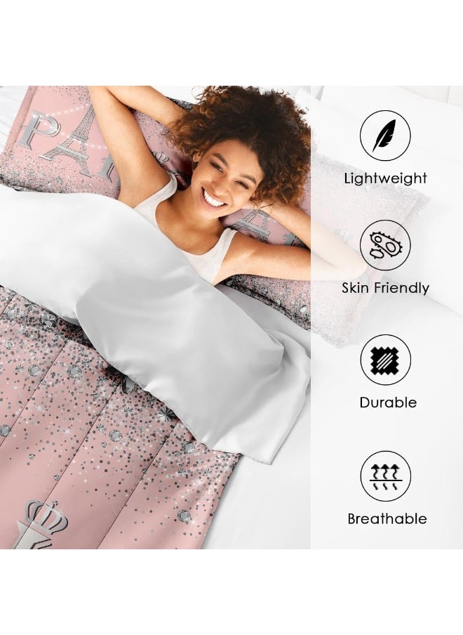 Generic Culudea Paris Vintage France Comforter Set Full Size, Pink Diamond Eiffel Tower Soft Bedding Set with 2 Pillowcases for Girls Teens Kids Boys Adults Bedroom Bed Decor,1 Quilt 2 Pillow Cases  - Image 5