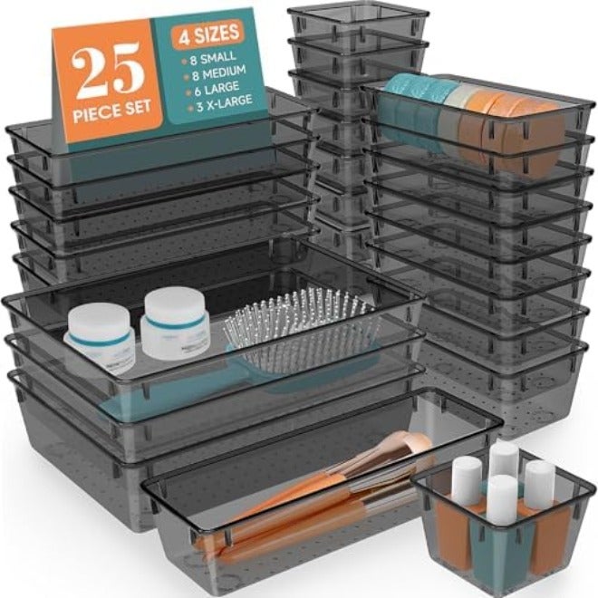 WOWBOX 25 PCS Clear Plastic Drawer Organizer Set, 4 Sizes Desk Drawer Divider Organizers and Storage Bins for Makeup, Jewelry, Gadgets for Kitchen, Bedroom, Bathroom, Office
