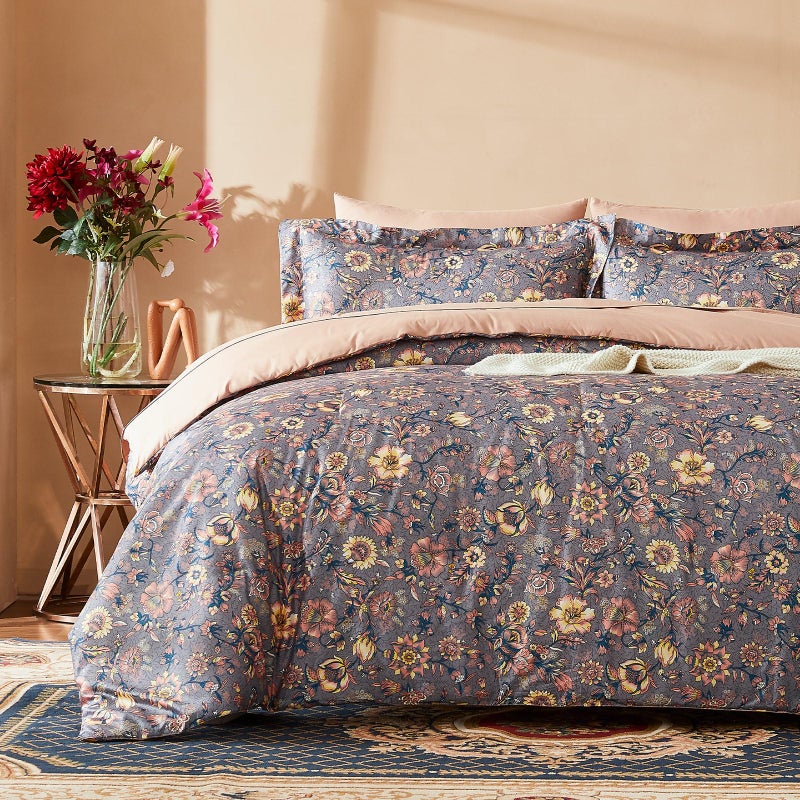 Cupocupa Queen Size Comforter SetFloral Comforters Queen Size SetVintage Flowers Leaves Pattern Boho Bedding Set Soft Lightweight Bedding Set for All Seasons 3 Pieces Comforter