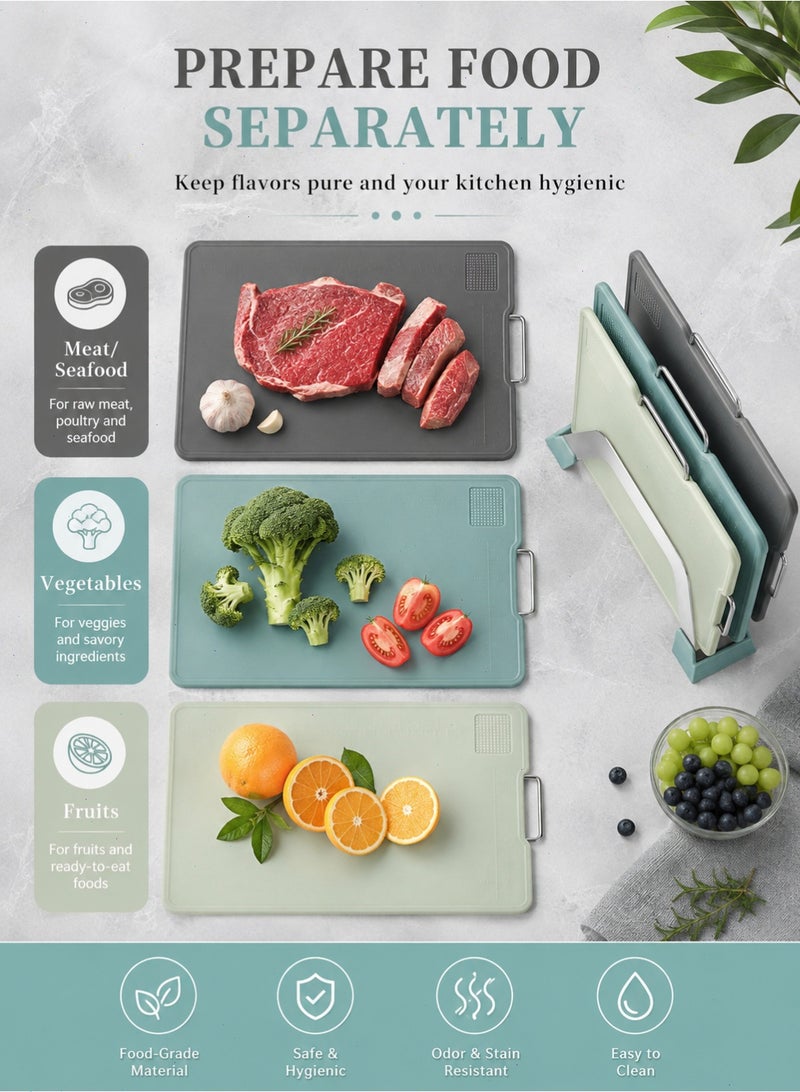 Kitchen Plastic Cutting Board Set of 3, Professional Cutting Boards Dishwasher Safe Chopping Boards with Holder and Handle for Meat, Veggies, Fruits, Different Sizes & Non Slip - Image 3