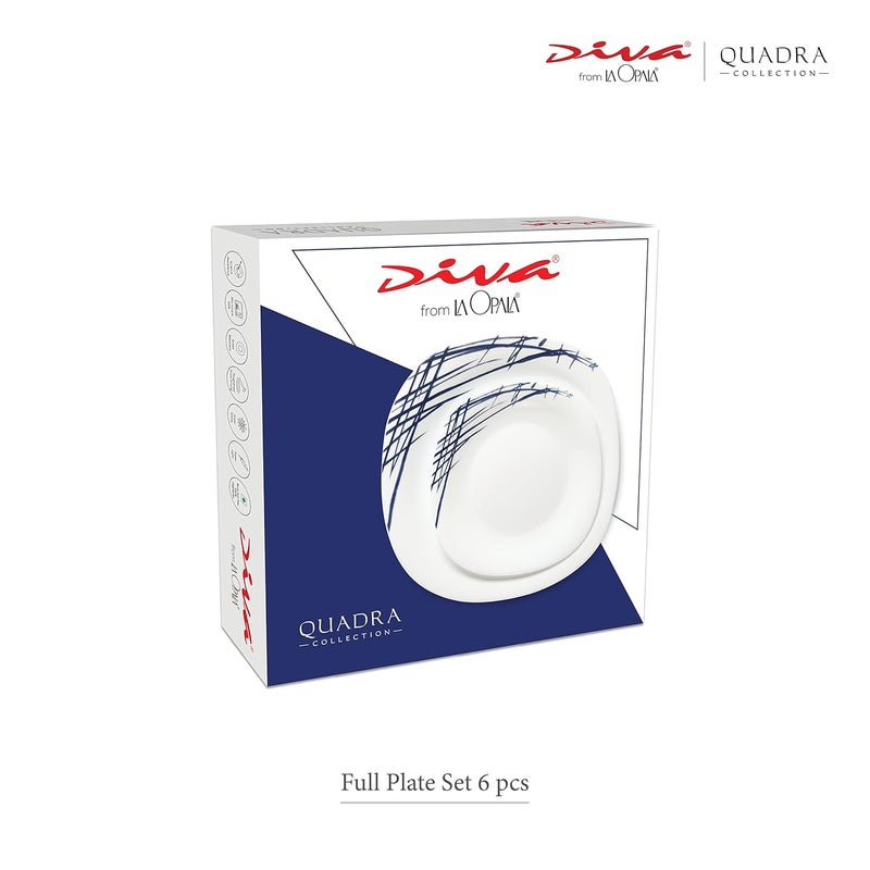 La Opala Diva Quadra Collection Opal Glass Crockery | Full Plate Set of 6 Summertide | Square Dinner Plate for Dining & Gifting | Microwave Safe | 100% Vegetarian | Extra Strong | Light & White - Image 4