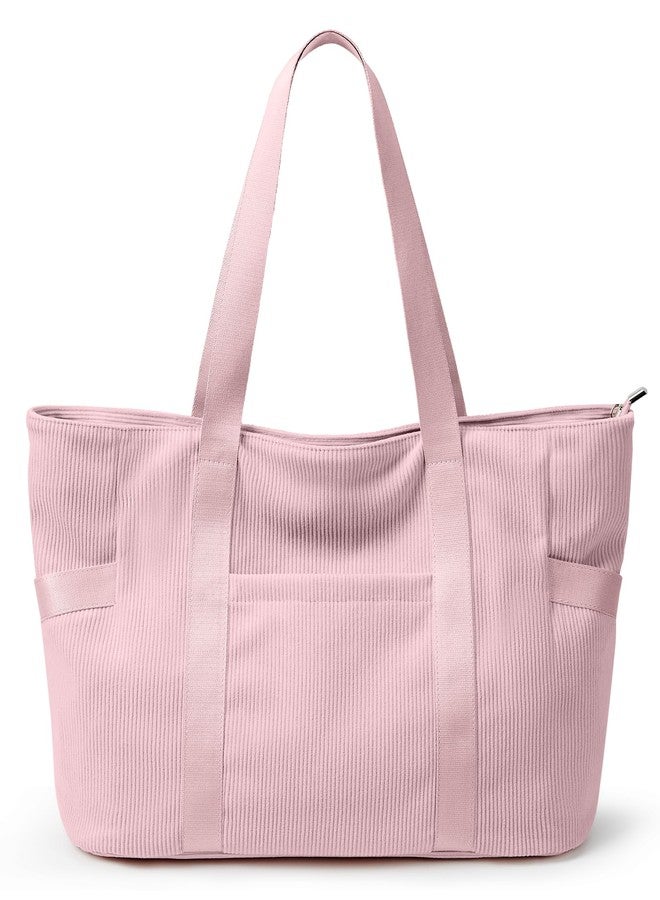 DIXEIGHT Large Tote Bag for Women Work Travel Everyday Shoulder Purse with Zipper, Corduroy Hobo Handbag for School Nurse, L-pink-fits 15.6" Laptop, Large - Image 1