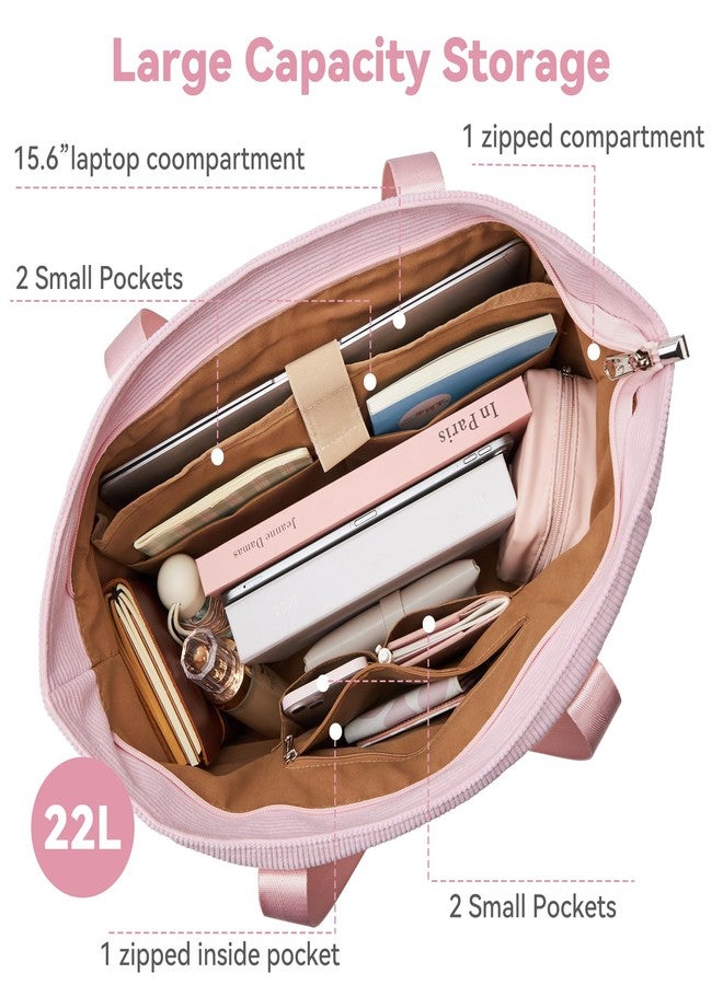 DIXEIGHT Large Tote Bag for Women Work Travel Everyday Shoulder Purse with Zipper, Corduroy Hobo Handbag for School Nurse, L-pink-fits 15.6" Laptop, Large - Image 5