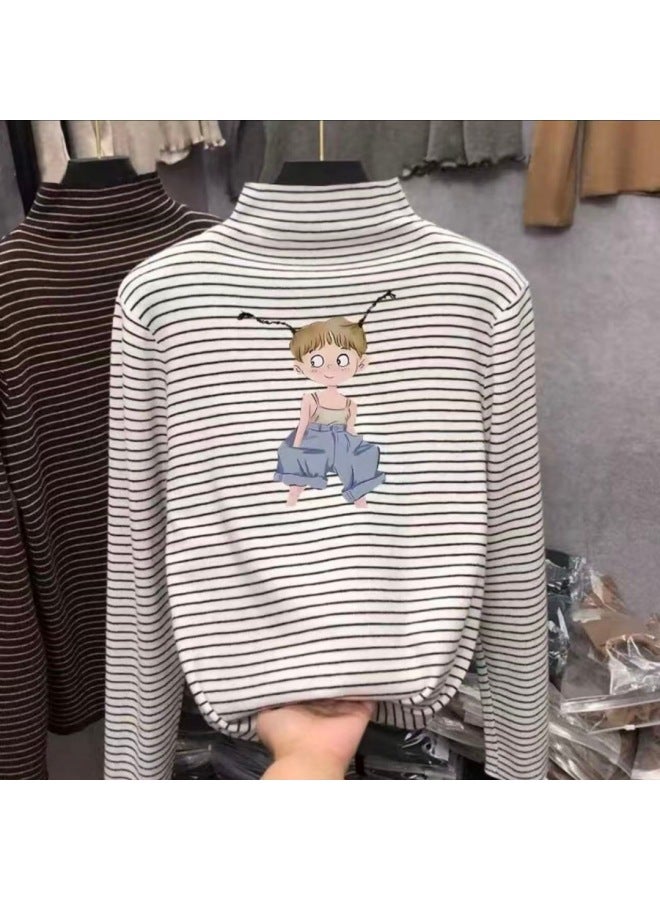 Boys And Girls' Thermal Base Layer Shirts, Spring And Autumn, Big Kids' Half-high Collar Long-sleeve T-shirts, Stylish Striped Warm Tops