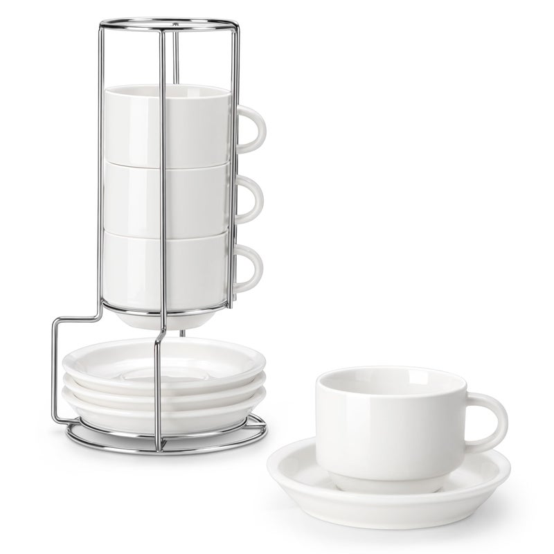 MALACASA 8 OZ Porcelain Espresso Cups with Saucers and Metal Stand Set of 4, Stackable Cappuccino Cups, White Expresso Shots Cup Set for Coffee Drinks, Latte, Tea - Image 1
