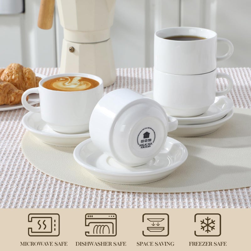 MALACASA 8 OZ Porcelain Espresso Cups with Saucers and Metal Stand Set of 4, Stackable Cappuccino Cups, White Expresso Shots Cup Set for Coffee Drinks, Latte, Tea - Image 4