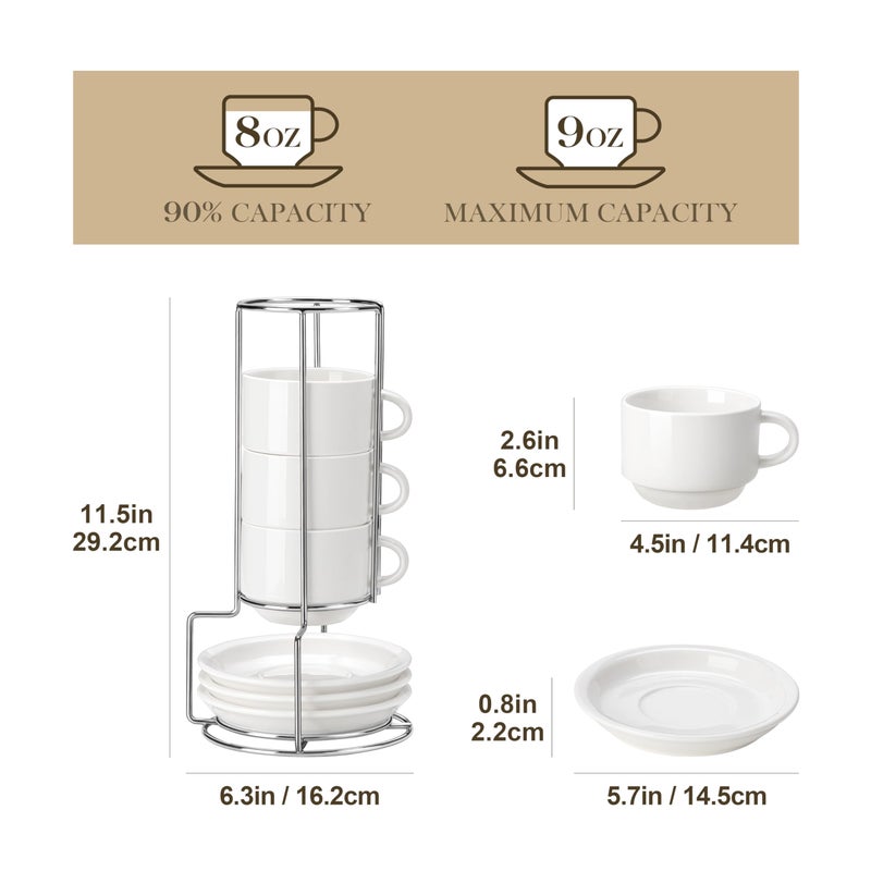 MALACASA 8 OZ Porcelain Espresso Cups with Saucers and Metal Stand Set of 4, Stackable Cappuccino Cups, White Expresso Shots Cup Set for Coffee Drinks, Latte, Tea - Image 2