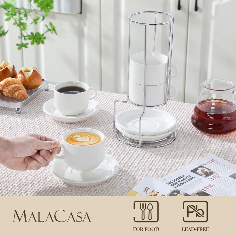 MALACASA 8 OZ Porcelain Espresso Cups with Saucers and Metal Stand Set of 4, Stackable Cappuccino Cups, White Expresso Shots Cup Set for Coffee Drinks, Latte, Tea - Image 3