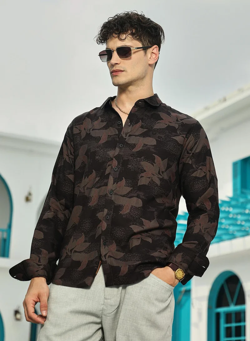 Campus Sutra Men's Midnight Black & Ash Brown Petalia Regular Shirt