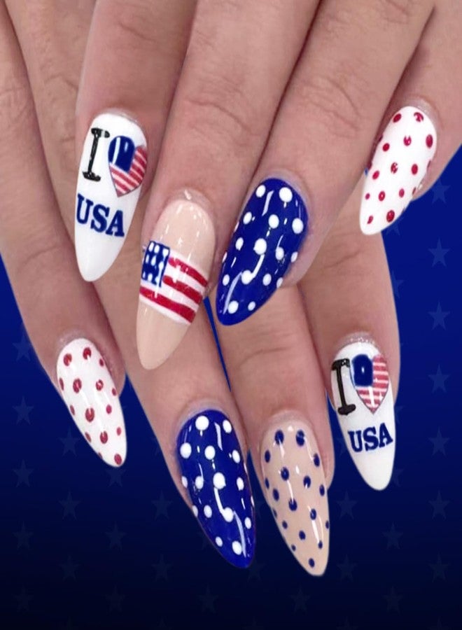 ROKHEVN 4th of July Press on Nails Polka Dot Fake Nails with Independence Day American Flag Nails Medium Almond False Nail Patriotic Theme Nail Reusable Full Cover Stick on Nail for Women Manicure 24Pcs - Image 1