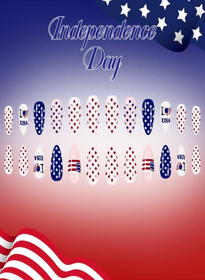 ROKHEVN 4th of July Press on Nails Polka Dot Fake Nails with Independence Day American Flag Nails Medium Almond False Nail Patriotic Theme Nail Reusable Full Cover Stick on Nail for Women Manicure 24Pcs - Image 3