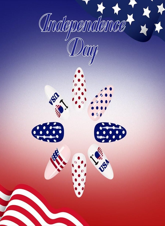 ROKHEVN 4th of July Press on Nails Polka Dot Fake Nails with Independence Day American Flag Nails Medium Almond False Nail Patriotic Theme Nail Reusable Full Cover Stick on Nail for Women Manicure 24Pcs - Image 4