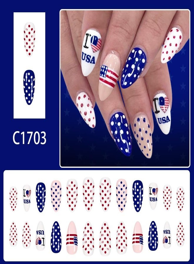 ROKHEVN 4th of July Press on Nails Polka Dot Fake Nails with Independence Day American Flag Nails Medium Almond False Nail Patriotic Theme Nail Reusable Full Cover Stick on Nail for Women Manicure 24Pcs - Image 2