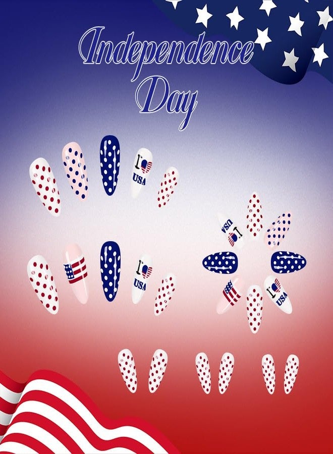 ROKHEVN 4th of July Press on Nails Polka Dot Fake Nails with Independence Day American Flag Nails Medium Almond False Nail Patriotic Theme Nail Reusable Full Cover Stick on Nail for Women Manicure 24Pcs - Image 5
