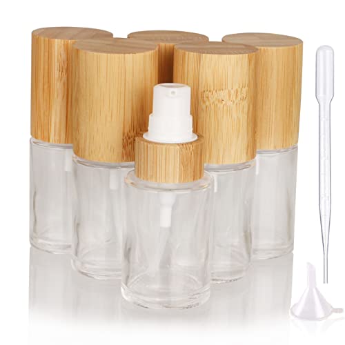 COSIDEA 6 pcs Empty 1oz 30ml bamboo lids clear glass bottle with lotion pump dispenser refillable emulsion cosmetic cream bottles toiletries refill travel container - Image 1