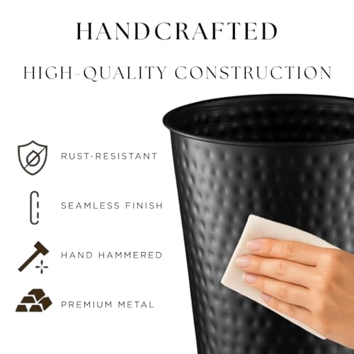 Monarch Abode Black Hand Hammered Metal Wastebasket for Home Office Bedroom, Decorative Waste Basket, Modern Bathroom Garbage Can, Durable & Decorative Trash Bin, Black Bathroom Trash Can - Image 3