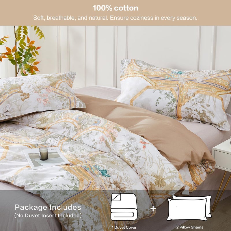 SAPHREAS Gold Floral Duvet Cover Set 3pcs Full Size White Flower Botanical Blossom Bedding Comforter Cover Set 100% Cotton 1 Duvet Cover 2 Pillow Shams, Comforter Not Included - Image 2