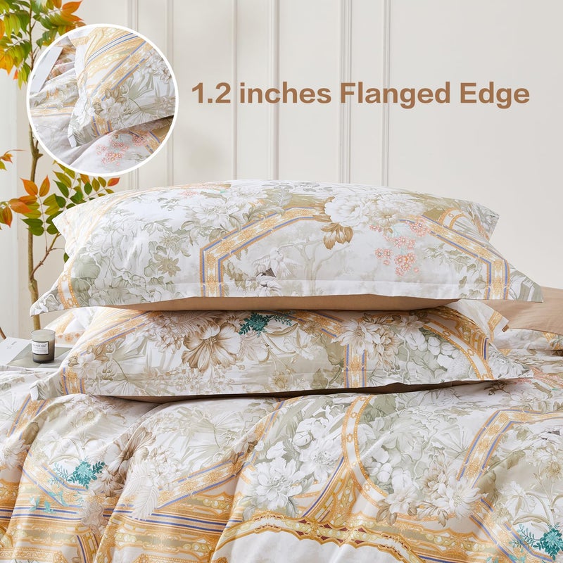 SAPHREAS Gold Floral Duvet Cover Set 3pcs Full Size White Flower Botanical Blossom Bedding Comforter Cover Set 100% Cotton 1 Duvet Cover 2 Pillow Shams, Comforter Not Included - Image 3