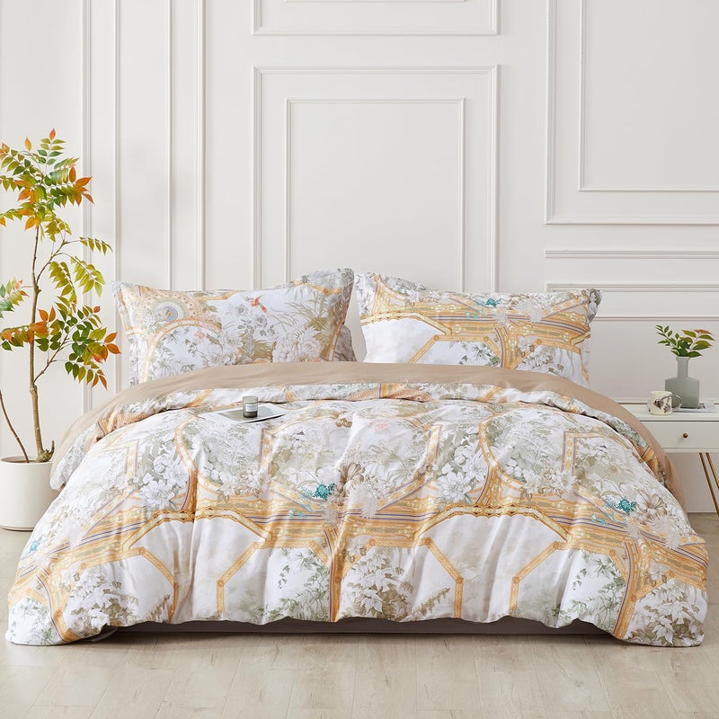 SAPHREAS Gold Floral Duvet Cover Set 3pcs Full Size White Flower Botanical Blossom Bedding Comforter Cover Set 100% Cotton 1 Duvet Cover 2 Pillow Shams, Comforter Not Included - Image 1