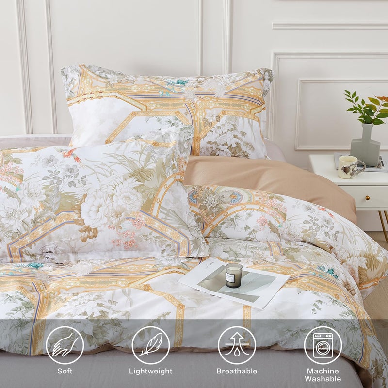SAPHREAS Gold Floral Duvet Cover Set 3pcs Full Size White Flower Botanical Blossom Bedding Comforter Cover Set 100% Cotton 1 Duvet Cover 2 Pillow Shams, Comforter Not Included - Image 4