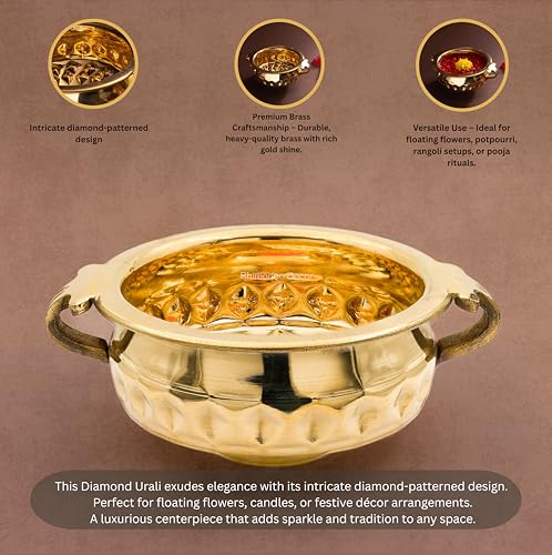Bhimonee Decor Diamond Carving Urali Thali 6" | 320 gm Decorative Brass Bowl & Platter | Home Decor, Pooja & Gifting | Brass | Gold - Image 2