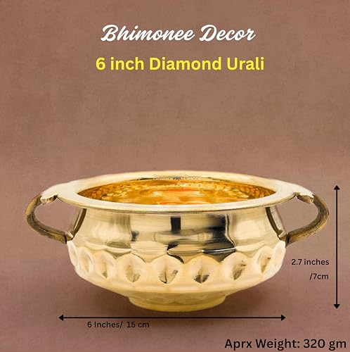 Bhimonee Decor Diamond Carving Urali Thali 6" | 320 gm Decorative Brass Bowl & Platter | Home Decor, Pooja & Gifting | Brass | Gold - Image 4