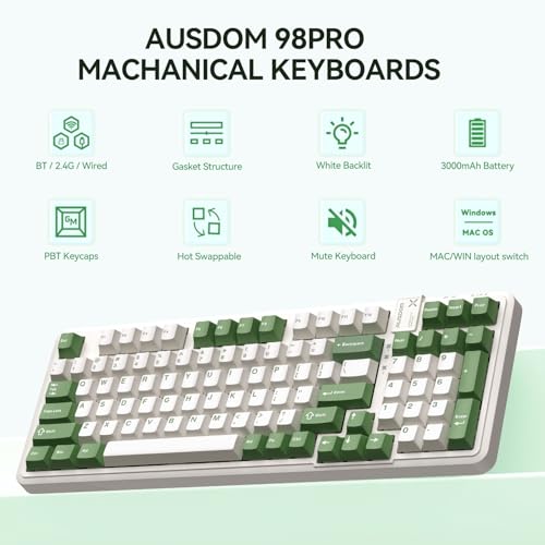 AUSDOM 98Pro Silent Mechanical Keyboard, Wireless Hot Swappable Gaming Keyboard with Backlit,Gasket Structure,Pre-lubed Tactile Switches,2.4GHz/Type-C/Bluetooth Custom Keyboards (Green & White-Silent) - Image 2