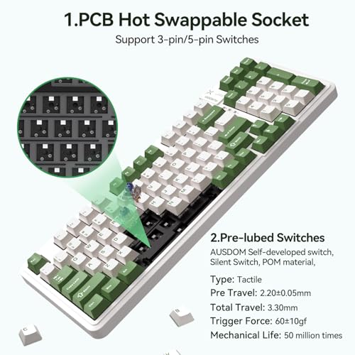 AUSDOM 98Pro Silent Mechanical Keyboard, Wireless Hot Swappable Gaming Keyboard with Backlit,Gasket Structure,Pre-lubed Tactile Switches,2.4GHz/Type-C/Bluetooth Custom Keyboards (Green & White-Silent) - Image 3