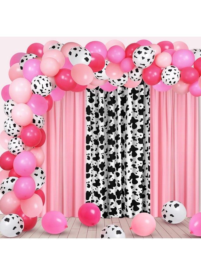 SmoothNovelty 57 Pcs Western Cowgirl Party Decorations 2 Pink and 1 Cow Chiffon Backdrop Curtains 50 Cow Theme Balloons with Accessories for Farm Animal Cow Theme Birthday Party Photo Supplies - Image 1