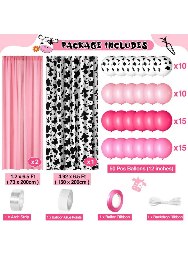 SmoothNovelty 57 Pcs Western Cowgirl Party Decorations 2 Pink and 1 Cow Chiffon Backdrop Curtains 50 Cow Theme Balloons with Accessories for Farm Animal Cow Theme Birthday Party Photo Supplies - Image 2