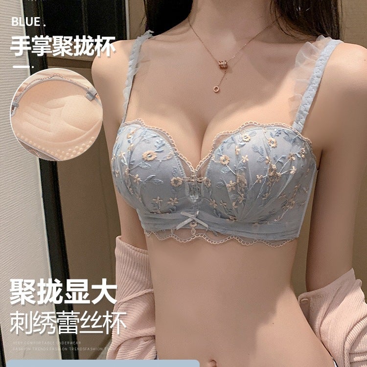 Small Breast Thickened Women'S Seamless No-Wire Push-Up Lace Seamless Push-Up Underwear Adjustable Bra Set - Image 1