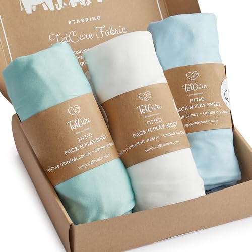 TotCare Graco Pack and Play Sheets Fitted – Compatible with Graco Pack n Play Playard Crib & Other 27 x 39 Inch Playpen Mattress, Buttery Soft Jersey Playard Sheets, Blue Sage Cloud 3 Pack - Image 1