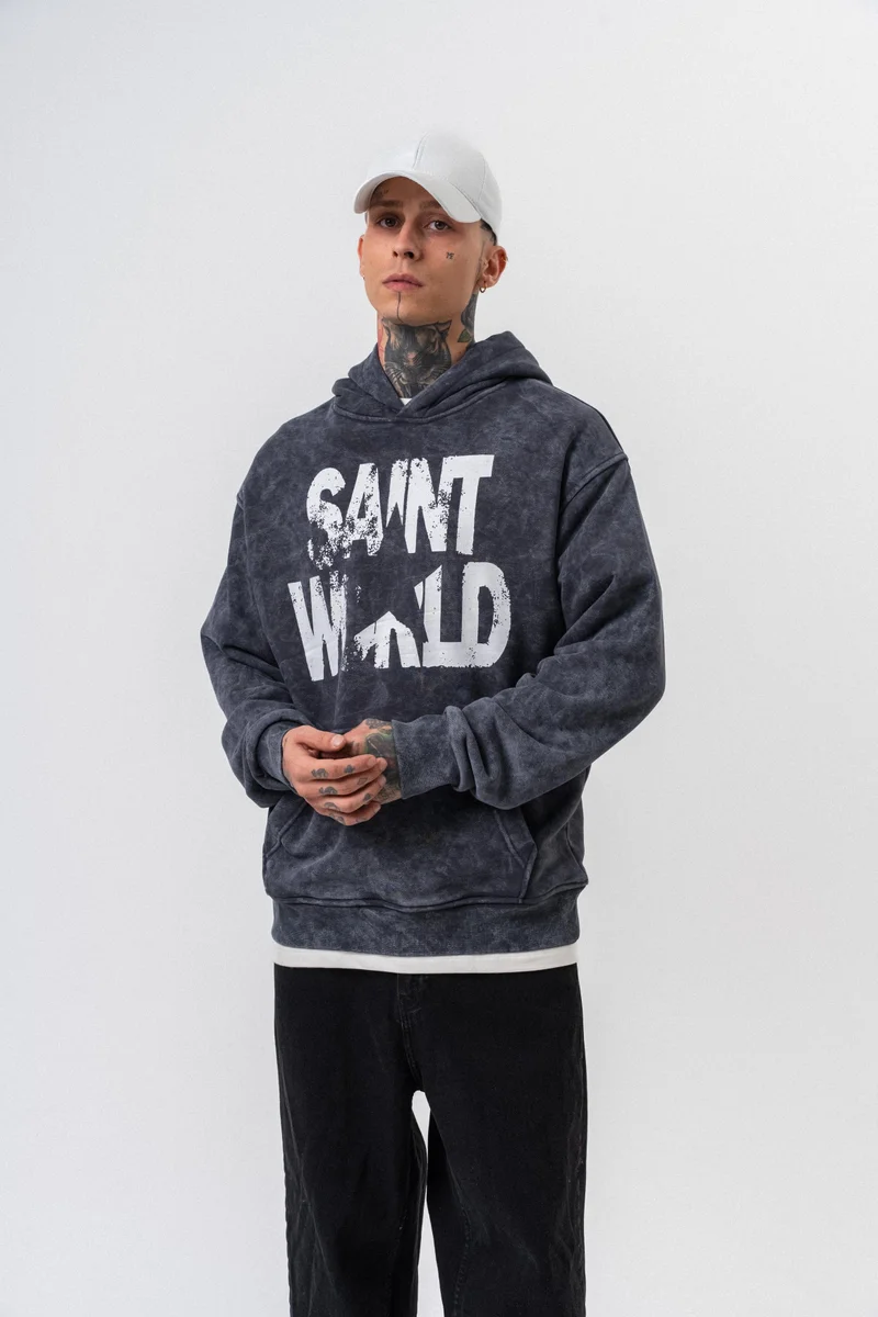 ريسباير هودي رجالي واسع (Oversize) بغطاء رأس مغسول ومطبوع بنجمة (Star) لون أسود