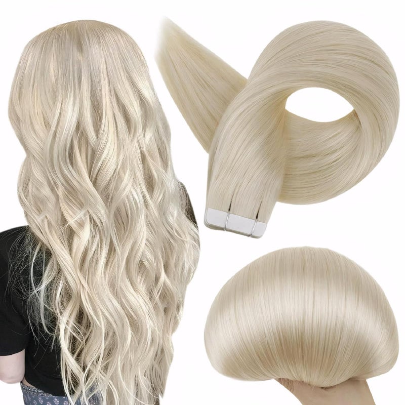 Full Shine Fashion Tape Hair Extensions Real Human Hair Couture Short 12 Inch Color 60 Platinum Blonde in Remy 20 Pcs 30G Thick Ends Piece Invisible Seamless Human Hair Extensions Tape in - Image 1