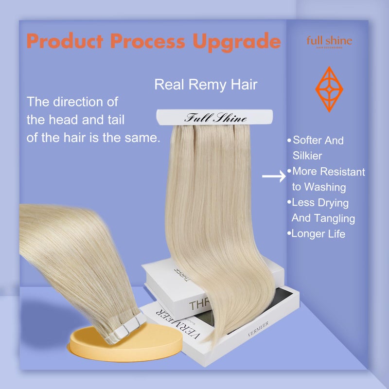 Full Shine Fashion Tape Hair Extensions Real Human Hair Couture Short 12 Inch Color 60 Platinum Blonde in Remy 20 Pcs 30G Thick Ends Piece Invisible Seamless Human Hair Extensions Tape in - Image 2
