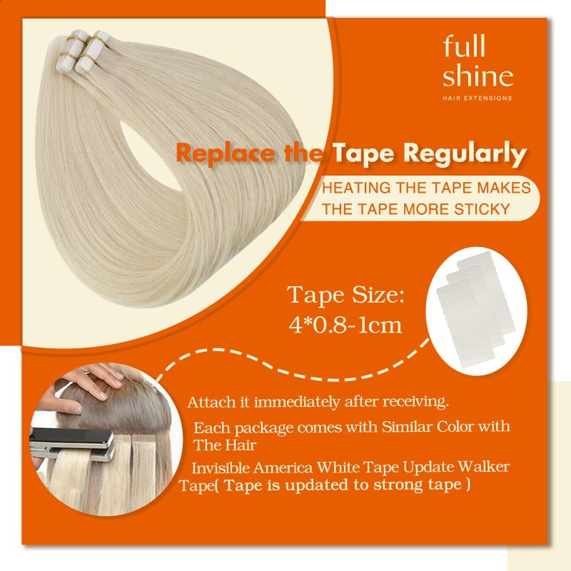 Full Shine Fashion Tape Hair Extensions Real Human Hair Couture Short 12 Inch Color 60 Platinum Blonde in Remy 20 Pcs 30G Thick Ends Piece Invisible Seamless Human Hair Extensions Tape in - Image 3