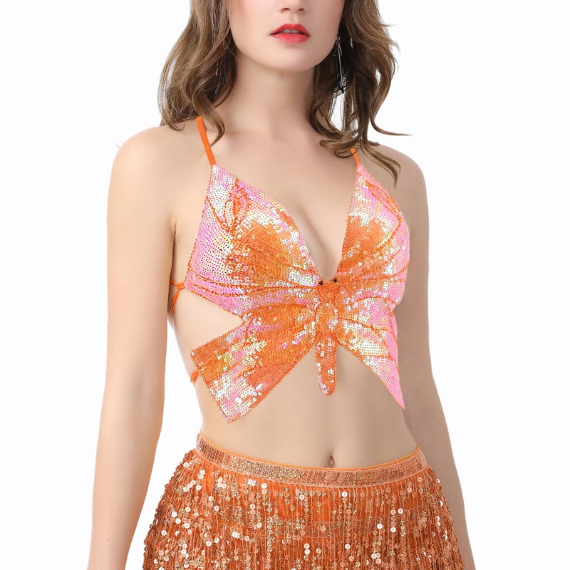Mocure Womens Sparkly Butterfly Sequin Crop Tops Sexy Trendy Sleeveless Cute Butterfly Halter Tops Rave - Image 3