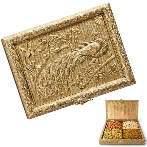 KWIZEAN Wooden Coated Brass Dry Fruit Box with Peacock Design | Decorative Storage Box for Dry Fruits, Sweets & Gifts | Golden Finish Gift Container - Image 1