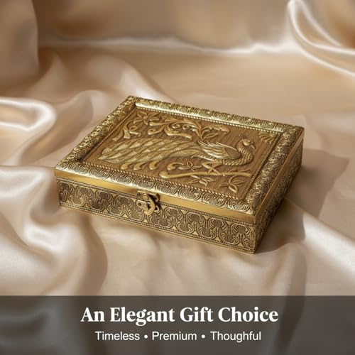 KWIZEAN Wooden Coated Brass Dry Fruit Box with Peacock Design | Decorative Storage Box for Dry Fruits, Sweets & Gifts | Golden Finish Gift Container - Image 3