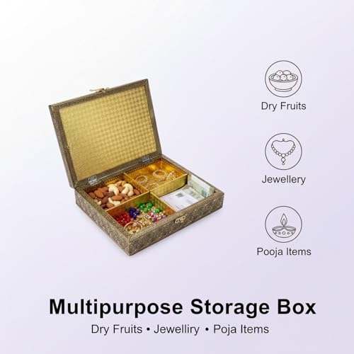 KWIZEAN Wooden Coated Brass Dry Fruit Box with Peacock Design | Decorative Storage Box for Dry Fruits, Sweets & Gifts | Golden Finish Gift Container - Image 4