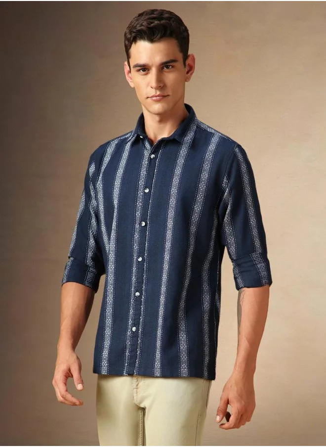 Dennis Lingo Navy Cotton Poly Relaxed Fit Striped Woven Spread Collar Full Sleeves Button Down Shirt for men - Make every day iconic