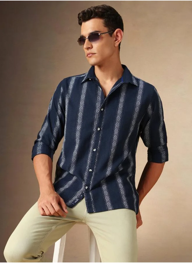 Dennis Lingo Navy Cotton Poly Relaxed Fit Striped Woven Spread Collar Full Sleeves Button Down Shirt for men - Make every day iconic