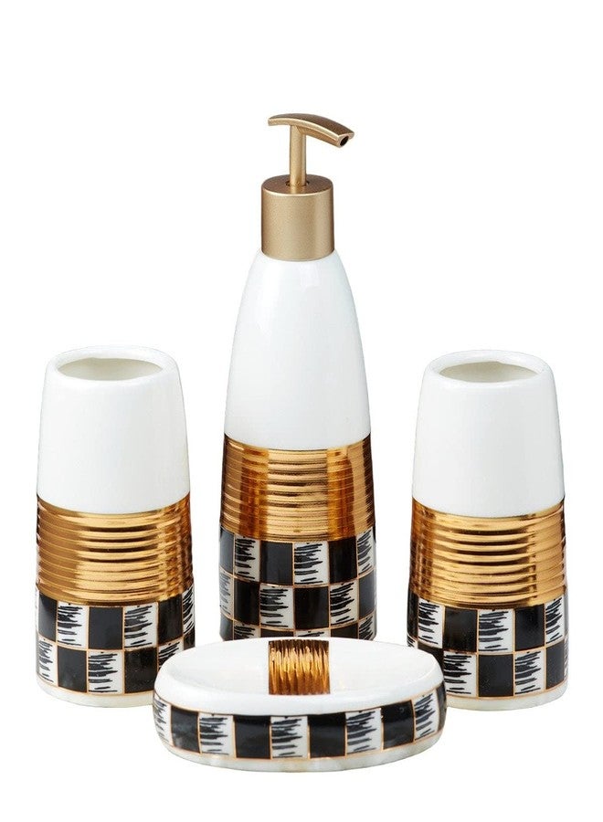 Kookee Ceramic Bathroom Set – Stylish 4 Piece Bath Accessories Kit with Soap Dispenser, Toothbrush Holder, Tumbler & Soap Dish – Modern & Designer Decor, White/Gold/Black (10081) - Image 5