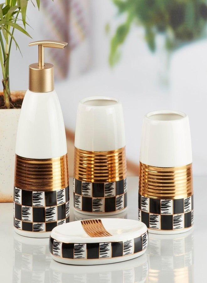 Kookee Ceramic Bathroom Set – Stylish 4 Piece Bath Accessories Kit with Soap Dispenser, Toothbrush Holder, Tumbler & Soap Dish – Modern & Designer Decor, White/Gold/Black (10081) - Image 2