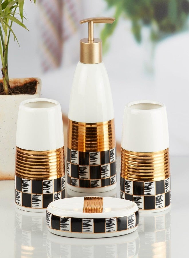 Kookee Ceramic Bathroom Set – Stylish 4 Piece Bath Accessories Kit with Soap Dispenser, Toothbrush Holder, Tumbler & Soap Dish – Modern & Designer Decor, White/Gold/Black (10081) - Image 4