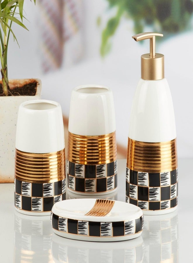 Kookee Ceramic Bathroom Set – Stylish 4 Piece Bath Accessories Kit with Soap Dispenser, Toothbrush Holder, Tumbler & Soap Dish – Modern & Designer Decor, White/Gold/Black (10081) - Image 3